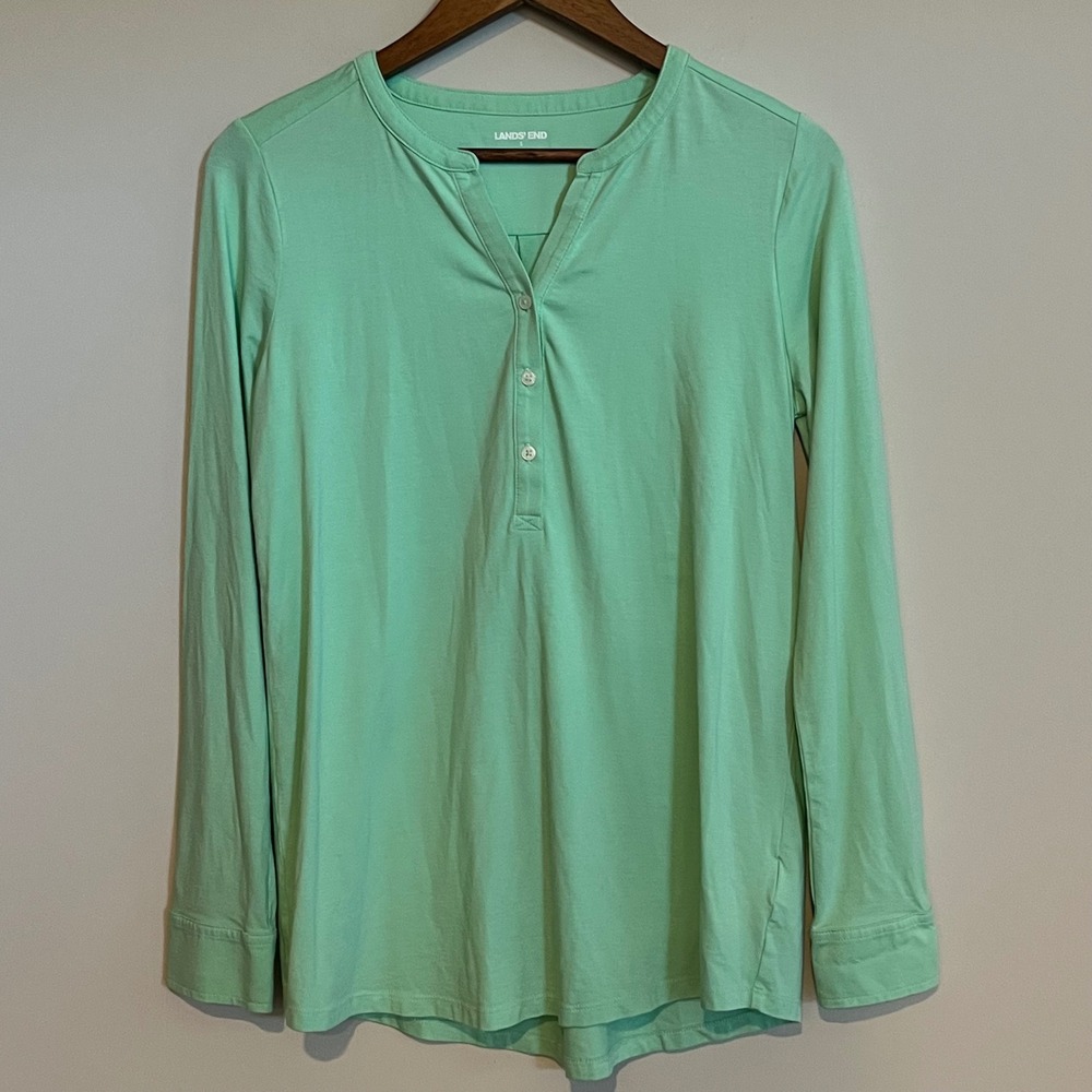 Lands End Mint Green Henley Long Sleeve Tunic Top Cotton Modal Stretch Small S